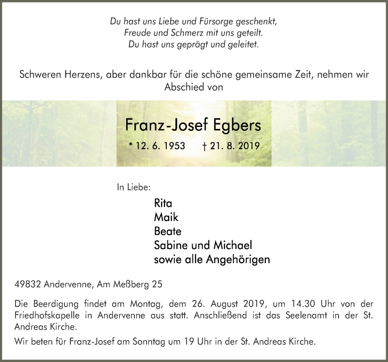  Traueranzeige für Franz-Josef Egbers vom 23.08.2019 aus Neue Osnabrücker Zeitung GmbH & Co. KG