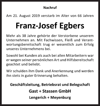 Traueranzeige von Franz-Josef Egbers von Neue Osnabrücker Zeitung GmbH & Co. KG