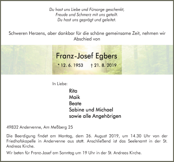 Traueranzeige von Franz-Josef Egbers von Neue Osnabrücker Zeitung GmbH & Co. KG