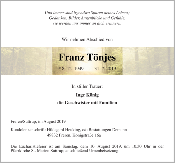 Traueranzeige von Franz Tönjes von Neue Osnabrücker Zeitung GmbH & Co. KG