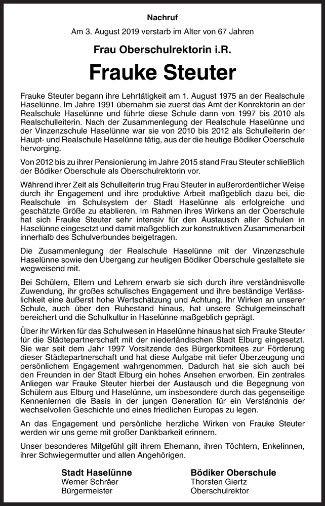  Traueranzeige für Frauke Steuter vom 09.08.2019 aus Neue Osnabrücker Zeitung GmbH & Co. KG