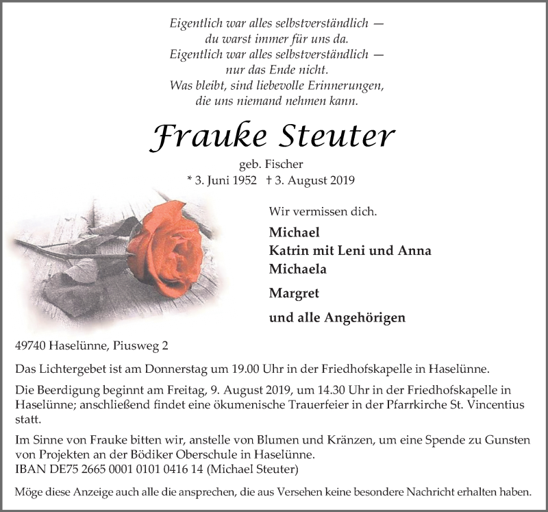  Traueranzeige für Frauke Steuter vom 05.08.2019 aus Neue Osnabrücker Zeitung GmbH & Co. KG
