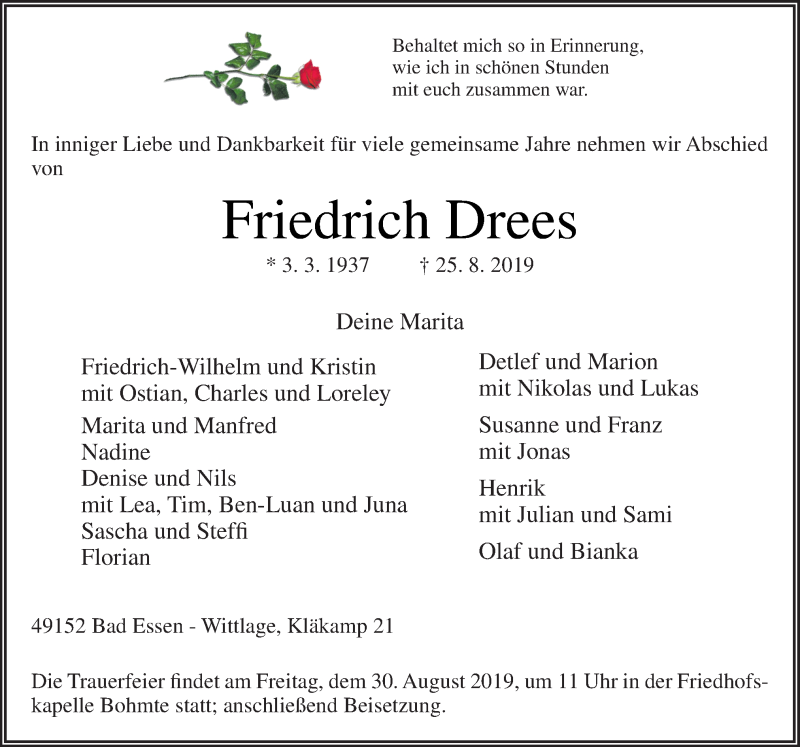  Traueranzeige für Friedrich Drees vom 28.08.2019 aus Neue Osnabrücker Zeitung GmbH & Co. KG