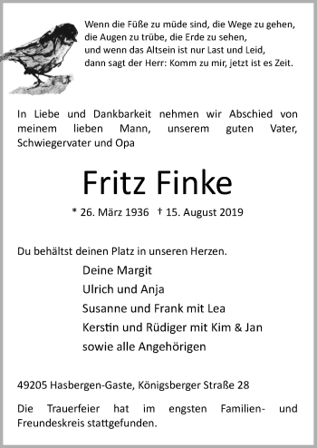 Traueranzeige von Fritz Finke von Neue Osnabrücker Zeitung GmbH & Co. KG