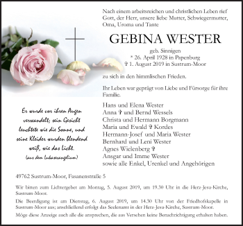 Traueranzeige von Gebina Wester von Neue Osnabrücker Zeitung GmbH & Co. KG