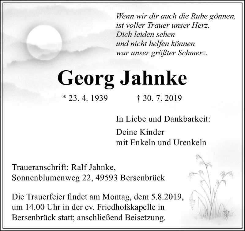  Traueranzeige für Georg Jahnke vom 02.08.2019 aus Neue Osnabrücker Zeitung GmbH & Co. KG