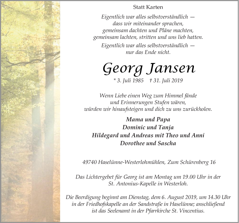  Traueranzeige für Georg Jansen vom 03.08.2019 aus Neue Osnabrücker Zeitung GmbH & Co. KG