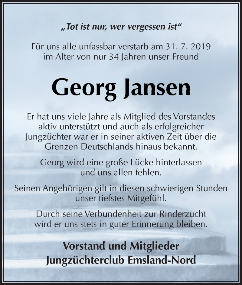  Traueranzeige für Georg Jansen vom 06.08.2019 aus Neue Osnabrücker Zeitung GmbH & Co. KG