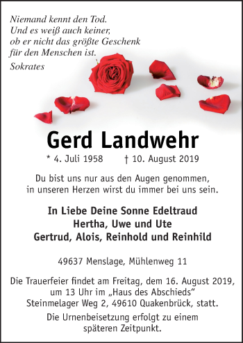 Traueranzeige von Gerd Landwehr von Neue Osnabrücker Zeitung GmbH & Co. KG