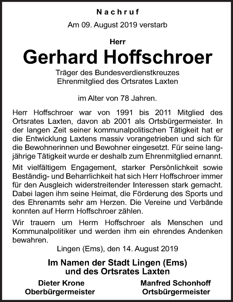  Traueranzeige für Gerhard Hoffschroer vom 14.08.2019 aus Neue Osnabrücker Zeitung GmbH & Co. KG