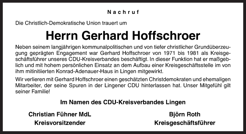  Traueranzeige für Gerhard Hoffschroer vom 14.08.2019 aus Neue Osnabrücker Zeitung GmbH & Co. KG