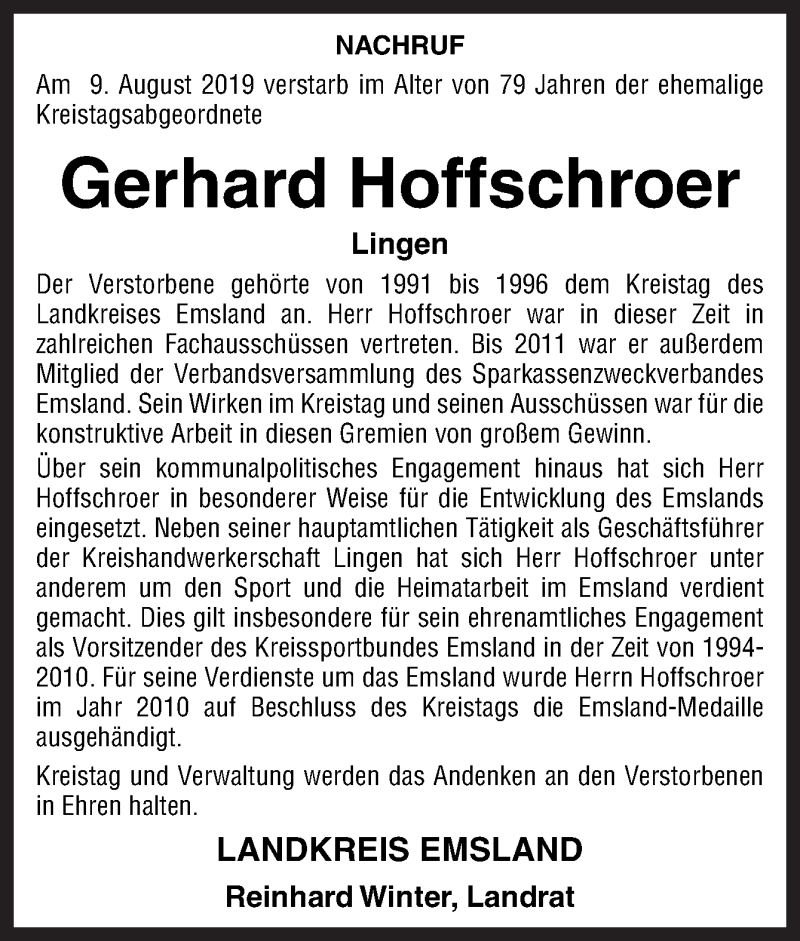  Traueranzeige für Gerhard Hoffschroer vom 14.08.2019 aus Neue Osnabrücker Zeitung GmbH & Co. KG