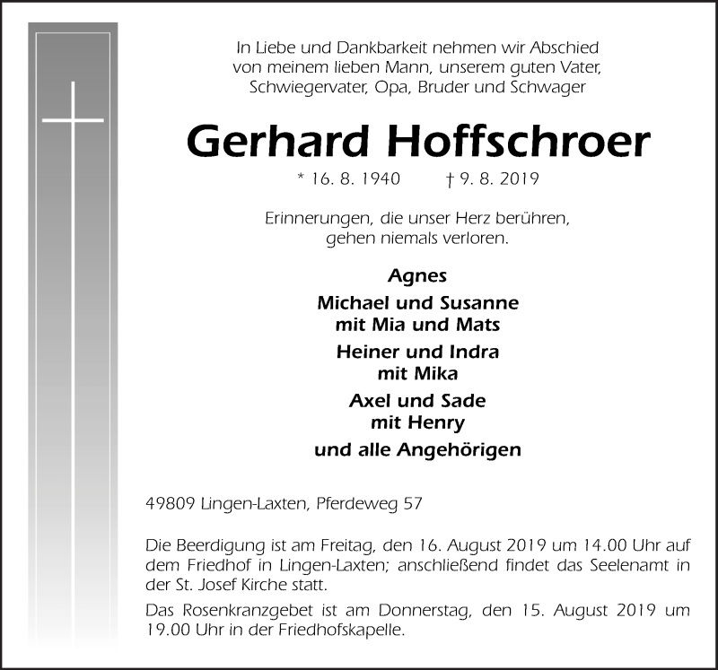  Traueranzeige für Gerhard Hoffschroer vom 12.08.2019 aus Neue Osnabrücker Zeitung GmbH & Co. KG