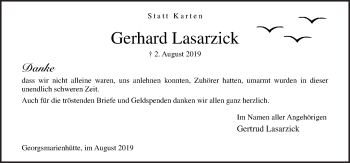 Traueranzeige von Gerhard Lasarzick von Neue Osnabrücker Zeitung GmbH & Co. KG