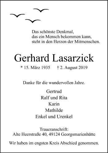 Traueranzeige von Gerhard Lasarzick von Neue Osnabrücker Zeitung GmbH & Co. KG