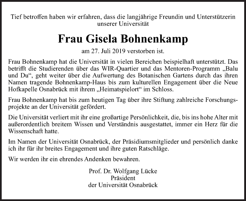  Traueranzeige für Gisela Bohnenkamp vom 03.08.2019 aus Neue Osnabrücker Zeitung GmbH & Co. KG