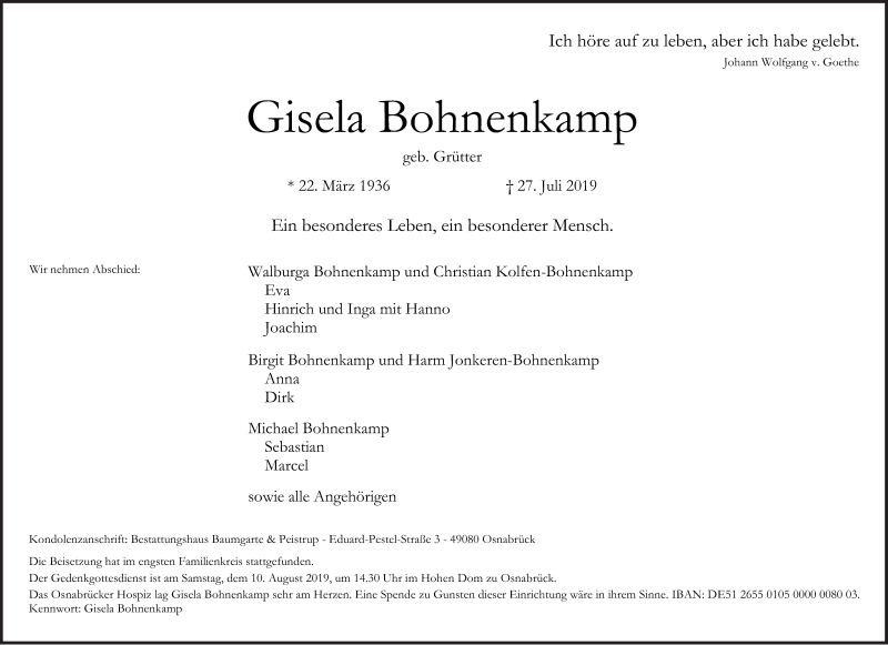  Traueranzeige für Gisela Bohnenkamp vom 03.08.2019 aus Neue Osnabrücker Zeitung GmbH & Co. KG