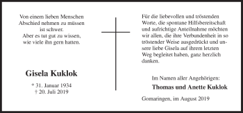 Traueranzeige von Gisela Kuklok von Neue Osnabrücker Zeitung GmbH & Co. KG