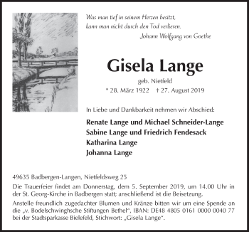 Traueranzeige von Gisela Lange von Neue Osnabrücker Zeitung GmbH & Co. KG