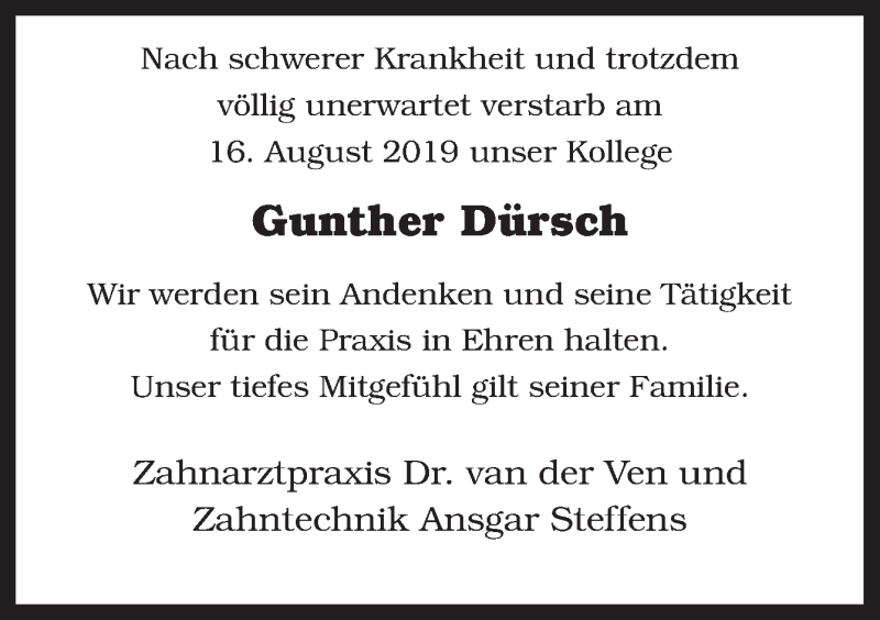  Traueranzeige für Gunther Dürsch vom 24.08.2019 aus Neue Osnabrücker Zeitung GmbH & Co. KG