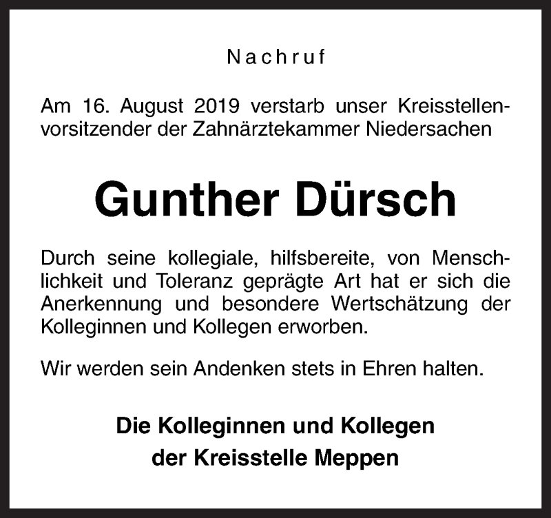 Traueranzeige für Gunther Dürsch vom 22.08.2019 aus Neue Osnabrücker Zeitung GmbH & Co. KG