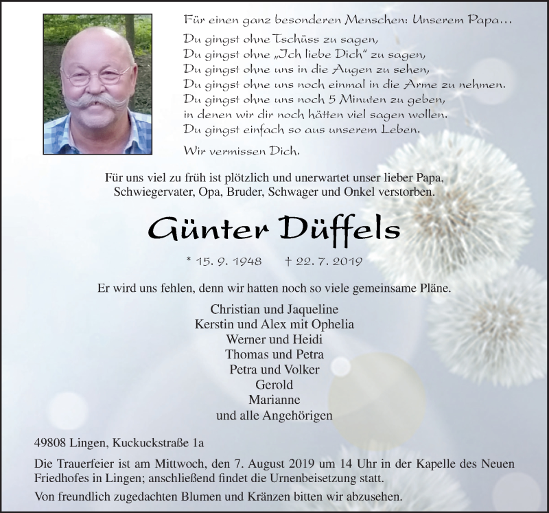  Traueranzeige für Günter Düffels vom 03.08.2019 aus Neue Osnabrücker Zeitung GmbH & Co. KG