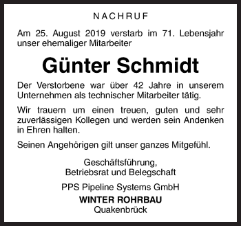 Traueranzeige von Günter Schmidt von Neue Osnabrücker Zeitung GmbH & Co. KG