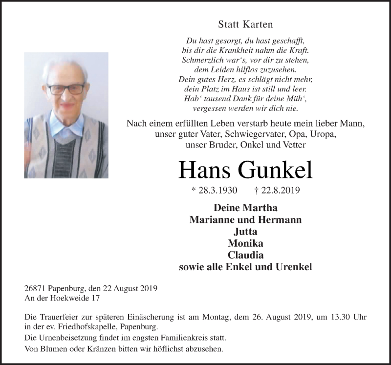  Traueranzeige für Hans Gunkel vom 24.08.2019 aus Neue Osnabrücker Zeitung GmbH & Co. KG