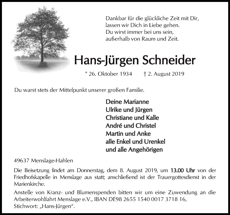  Traueranzeige für Hans-Jürgen Schneider vom 05.08.2019 aus Neue Osnabrücker Zeitung GmbH & Co. KG