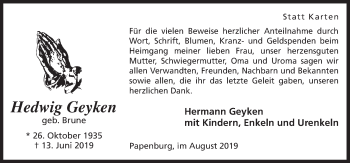 Traueranzeige von Hedwig Geyken von Neue Osnabrücker Zeitung GmbH & Co. KG