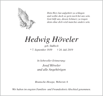 Traueranzeige von Hedwig Höveler von Neue Osnabrücker Zeitung GmbH & Co. KG