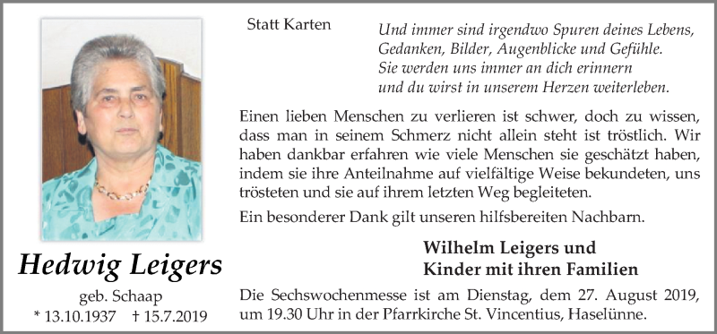  Traueranzeige für Hedwig Leigers vom 24.08.2019 aus Neue Osnabrücker Zeitung GmbH & Co. KG