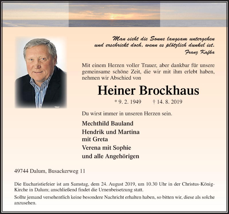  Traueranzeige für Heiner Brockhaus vom 21.08.2019 aus Neue Osnabrücker Zeitung GmbH & Co. KG