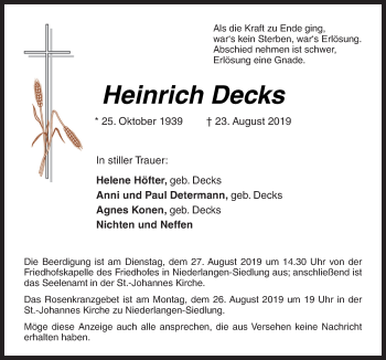 Traueranzeige von Heinrich Decks von Neue Osnabrücker Zeitung GmbH & Co. KG