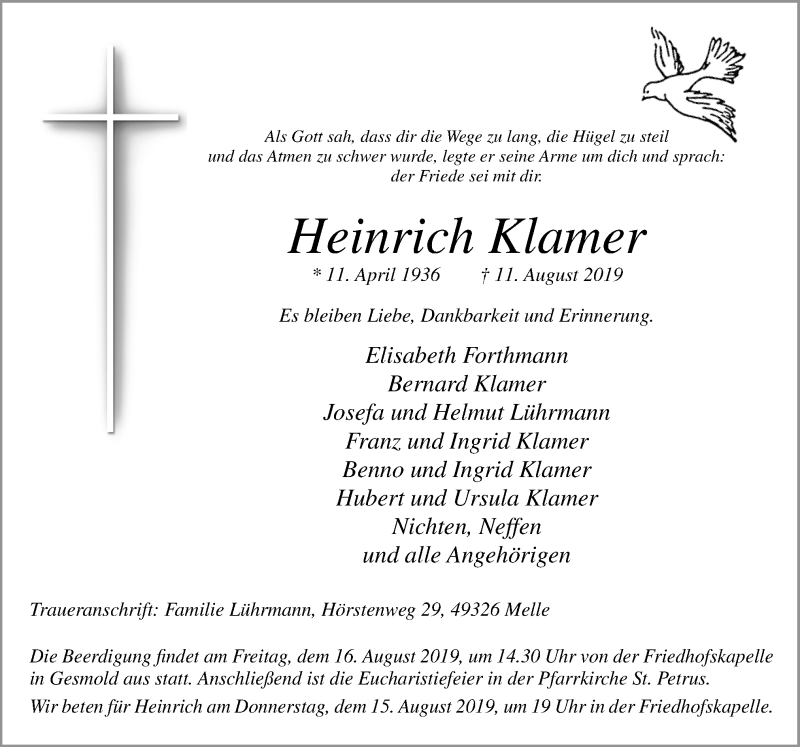 Traueranzeige für Heinrich Klamer vom 13.08.2019 aus Neue Osnabrücker Zeitung GmbH & Co. KG