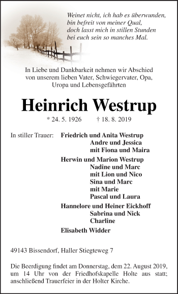 Traueranzeige von Heinrich Westrup von Neue Osnabrücker Zeitung GmbH & Co. KG