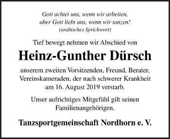 Traueranzeige von Heinz-Gunther Dürsch von Neue Osnabrücker Zeitung GmbH & Co. KG