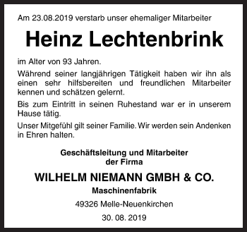 Traueranzeige von Heinz Lechtenbrink von Neue Osnabrücker Zeitung GmbH & Co. KG