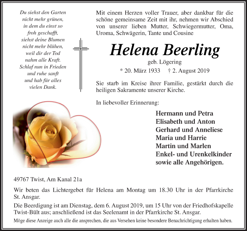  Traueranzeige für Helena Beerling vom 05.08.2019 aus Neue Osnabrücker Zeitung GmbH & Co. KG