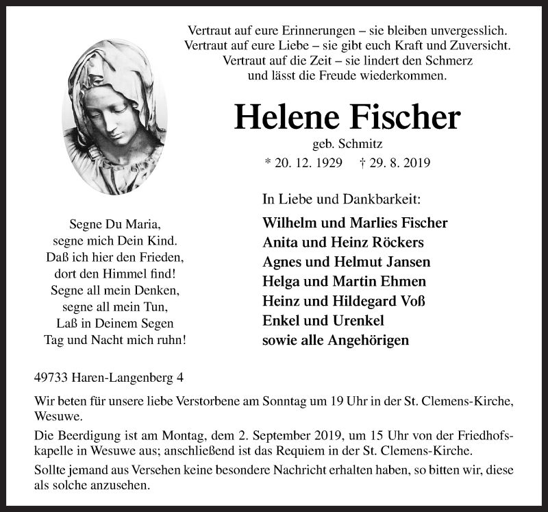  Traueranzeige für Helene Fischer vom 31.08.2019 aus Neue Osnabrücker Zeitung GmbH & Co. KG