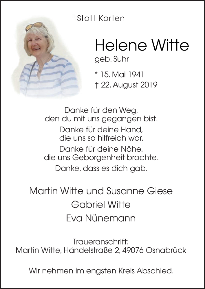  Traueranzeige für Helene Witte vom 28.08.2019 aus Neue Osnabrücker Zeitung GmbH & Co. KG