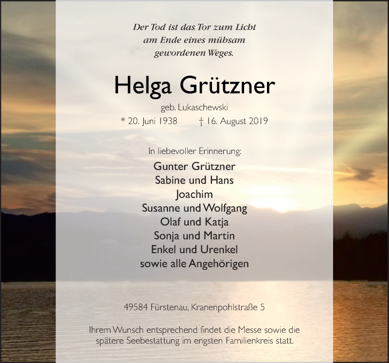  Traueranzeige für Helga Grützner vom 24.08.2019 aus Neue Osnabrücker Zeitung GmbH & Co. KG