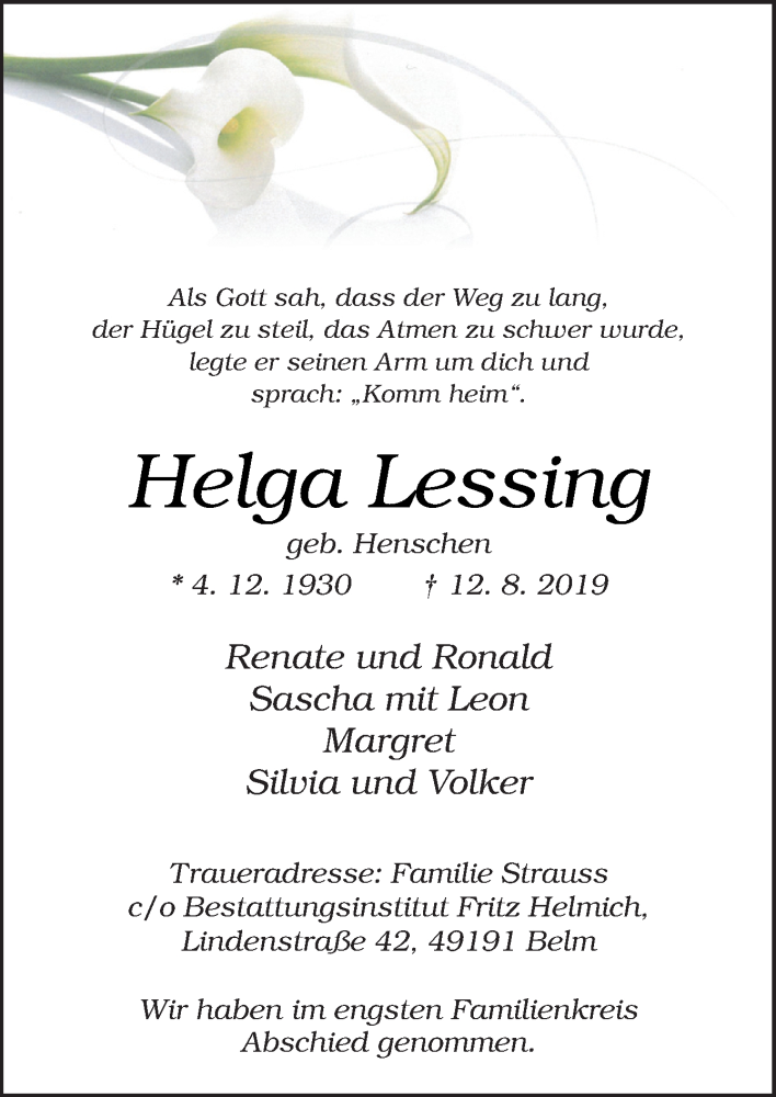  Traueranzeige für Helga Lessing vom 24.08.2019 aus Neue Osnabrücker Zeitung GmbH & Co. KG