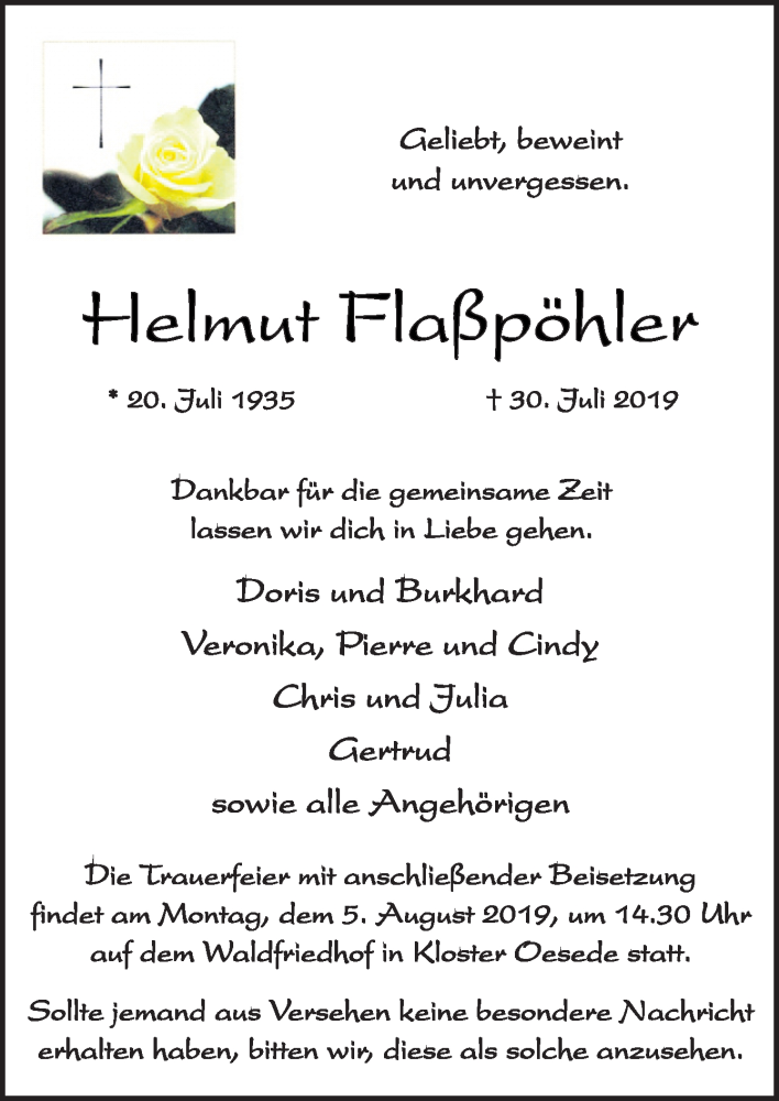  Traueranzeige für Helmut Flaßpöhler vom 02.08.2019 aus Neue Osnabrücker Zeitung GmbH & Co. KG