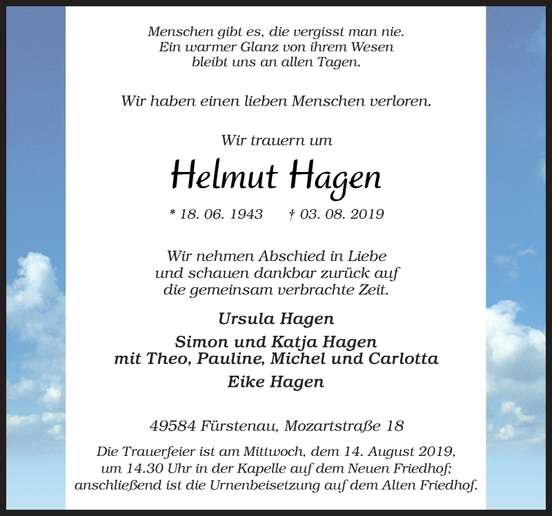  Traueranzeige für Helmut Hagen vom 09.08.2019 aus Neue Osnabrücker Zeitung GmbH & Co. KG