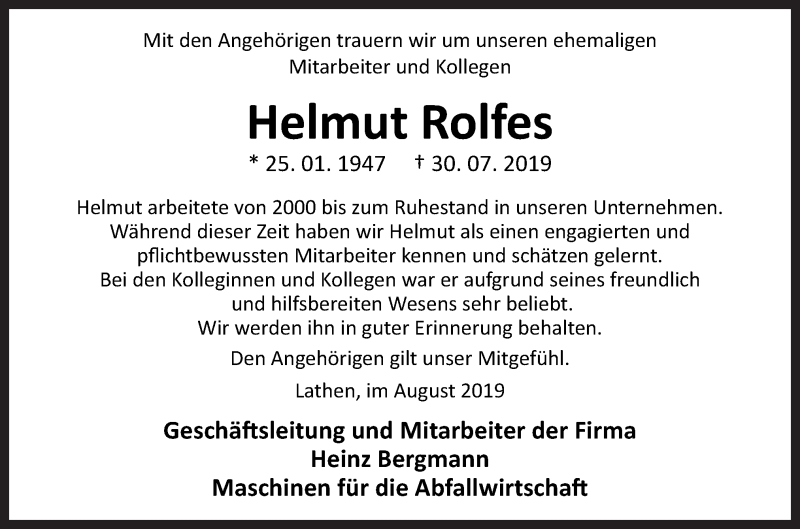  Traueranzeige für Helmut Rolfes vom 09.08.2019 aus Neue Osnabrücker Zeitung GmbH & Co. KG