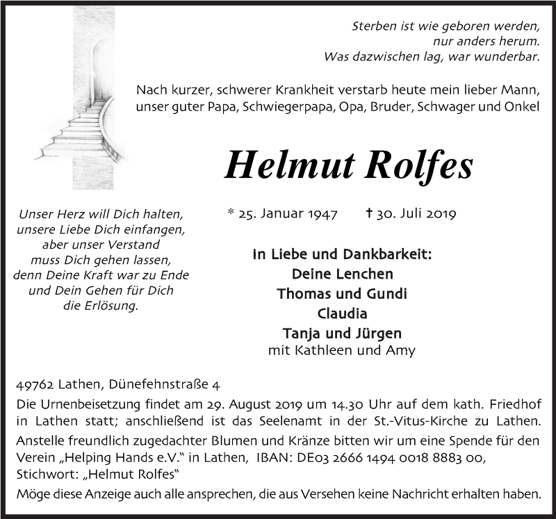  Traueranzeige für Helmut Rolfes vom 02.08.2019 aus Neue Osnabrücker Zeitung GmbH & Co. KG