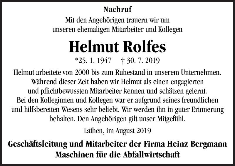  Traueranzeige für Helmut Rolfes vom 06.08.2019 aus Neue Osnabrücker Zeitung GmbH & Co. KG