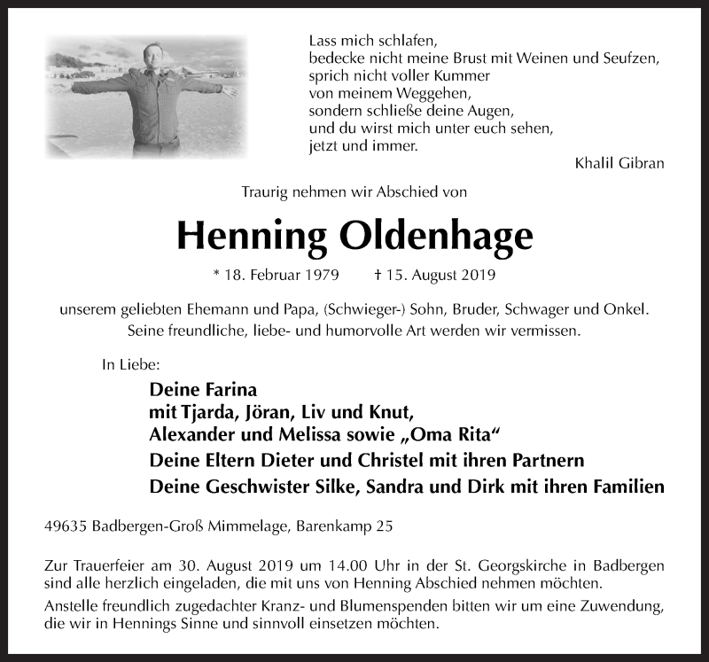  Traueranzeige für Henning Oldenhage vom 24.08.2019 aus Neue Osnabrücker Zeitung GmbH & Co. KG