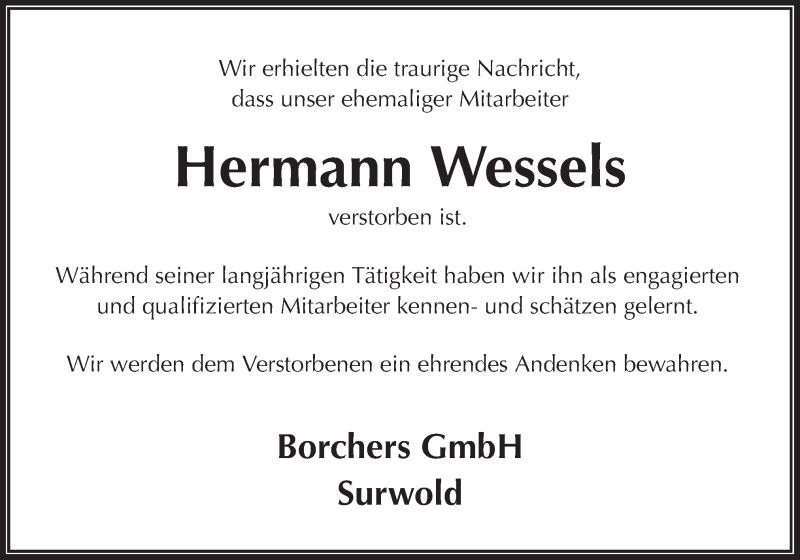 Traueranzeige für Hermann Wessels vom 24.08.2019 aus Neue Osnabrücker Zeitung GmbH & Co. KG